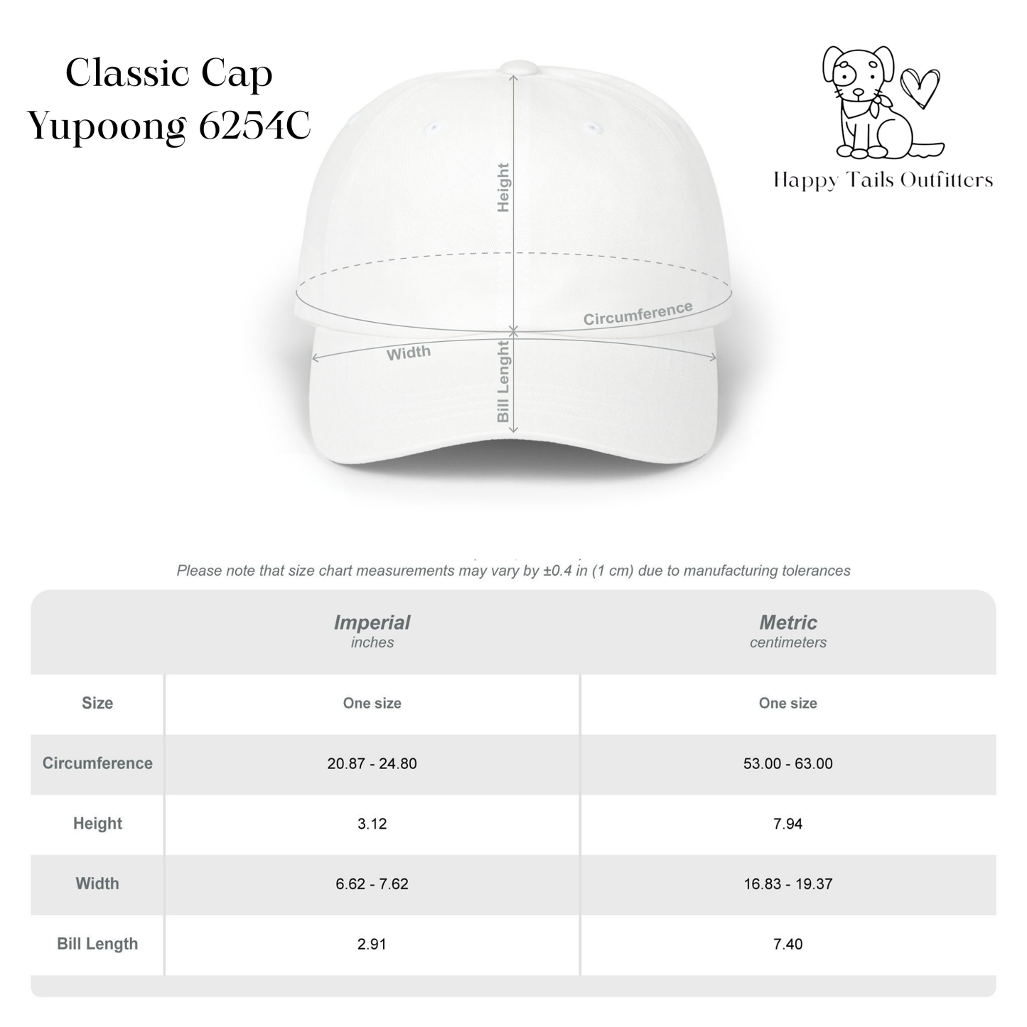 White cap with measurement chart on a white background