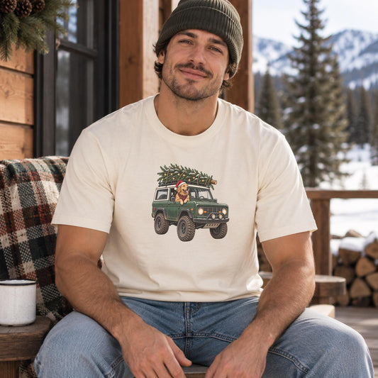 Golden Retriever Christmas Shirt Men Comfort Colors Vintage Inspired Truck Tree Farm Retro Dog Tee Men Holiday GSD Gift Idea