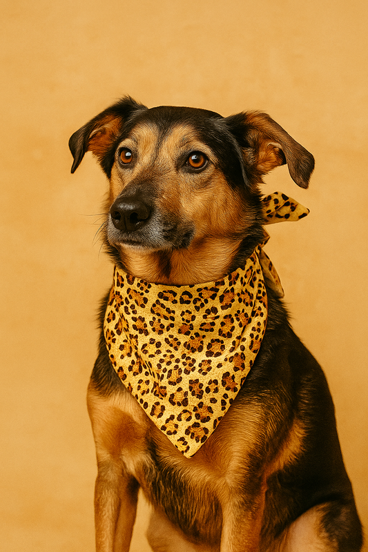Dog wearing a leopard print bandana on a beige background