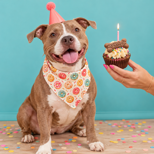 mixed breed pitbull in a birthday donut bandana