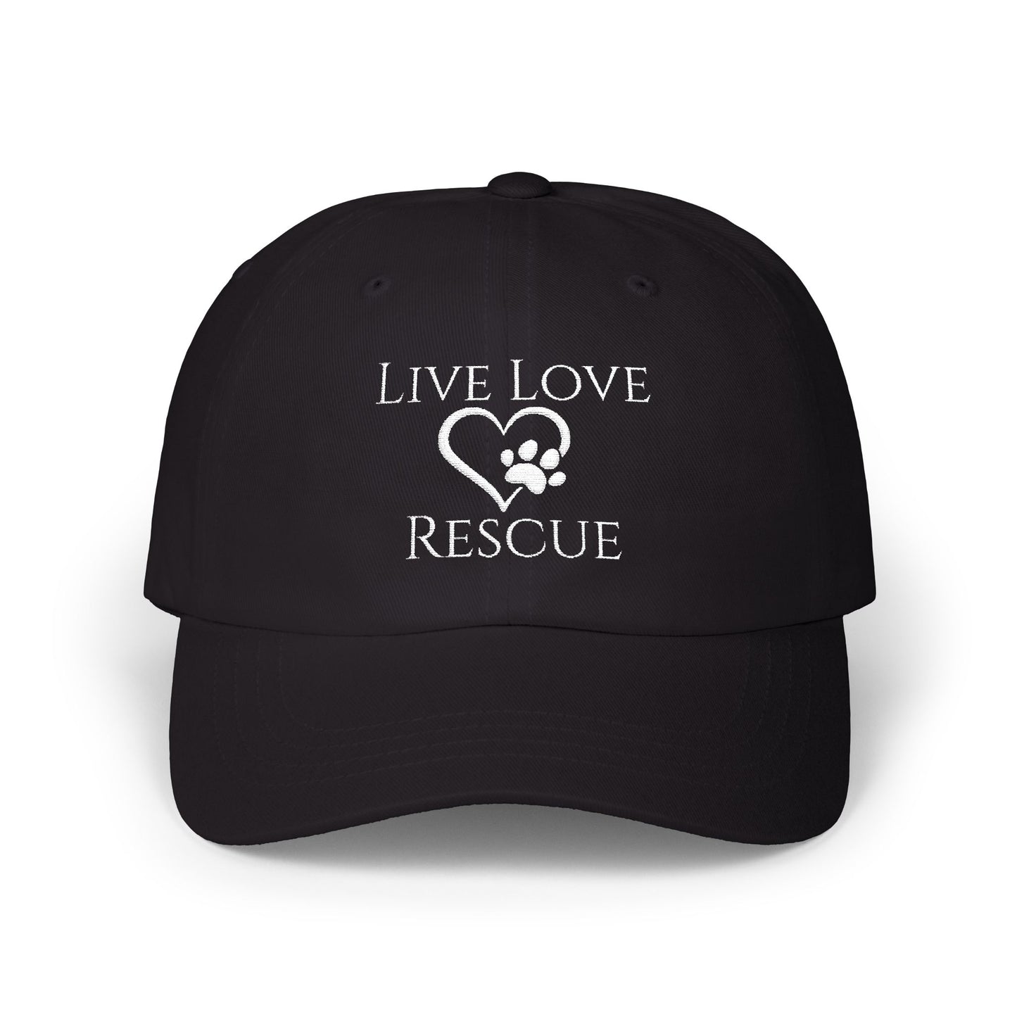 Black cap with 'Live Love Rescue' text and heart paw design on a white background