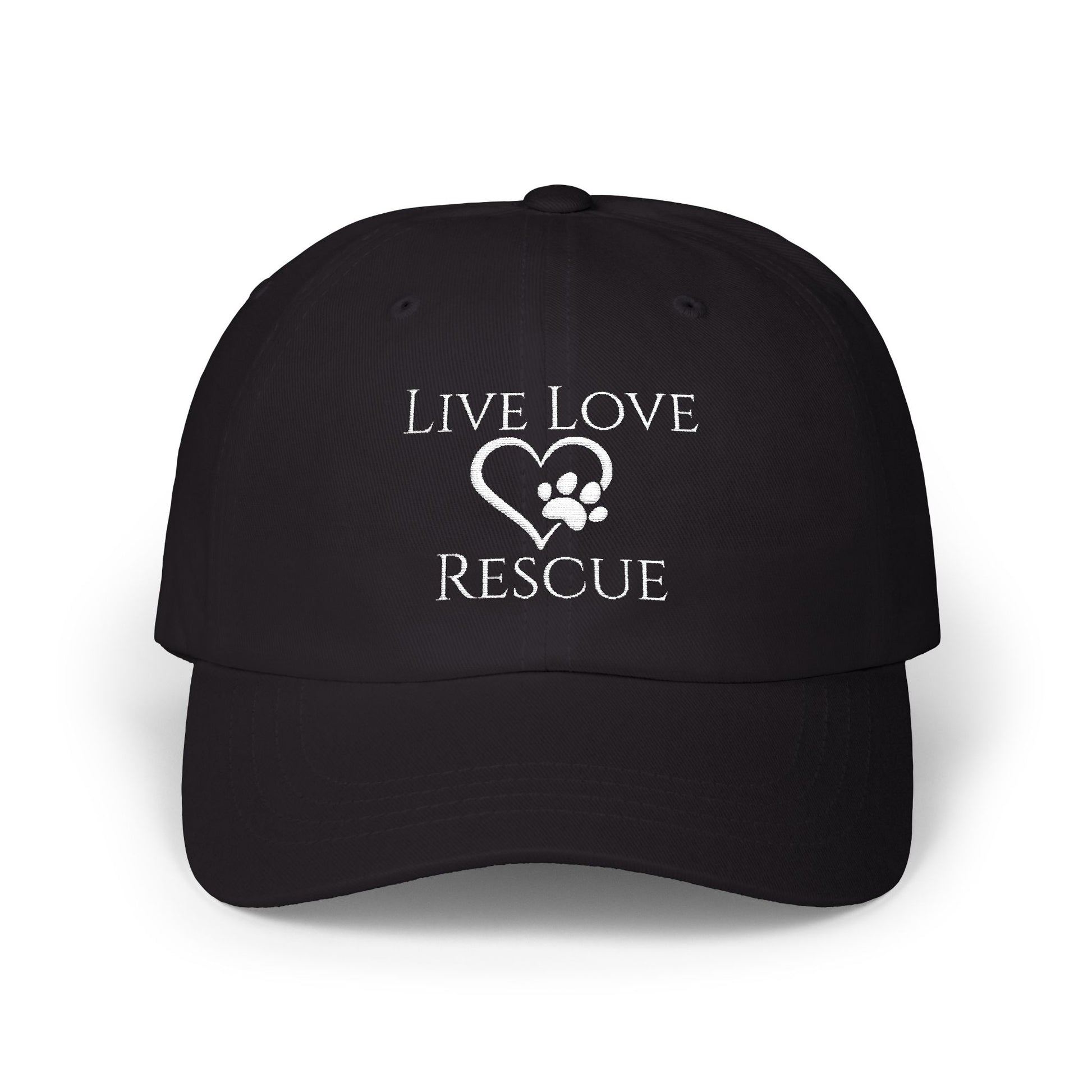 Black cap with 'Live Love Rescue' text and heart paw design on a white background