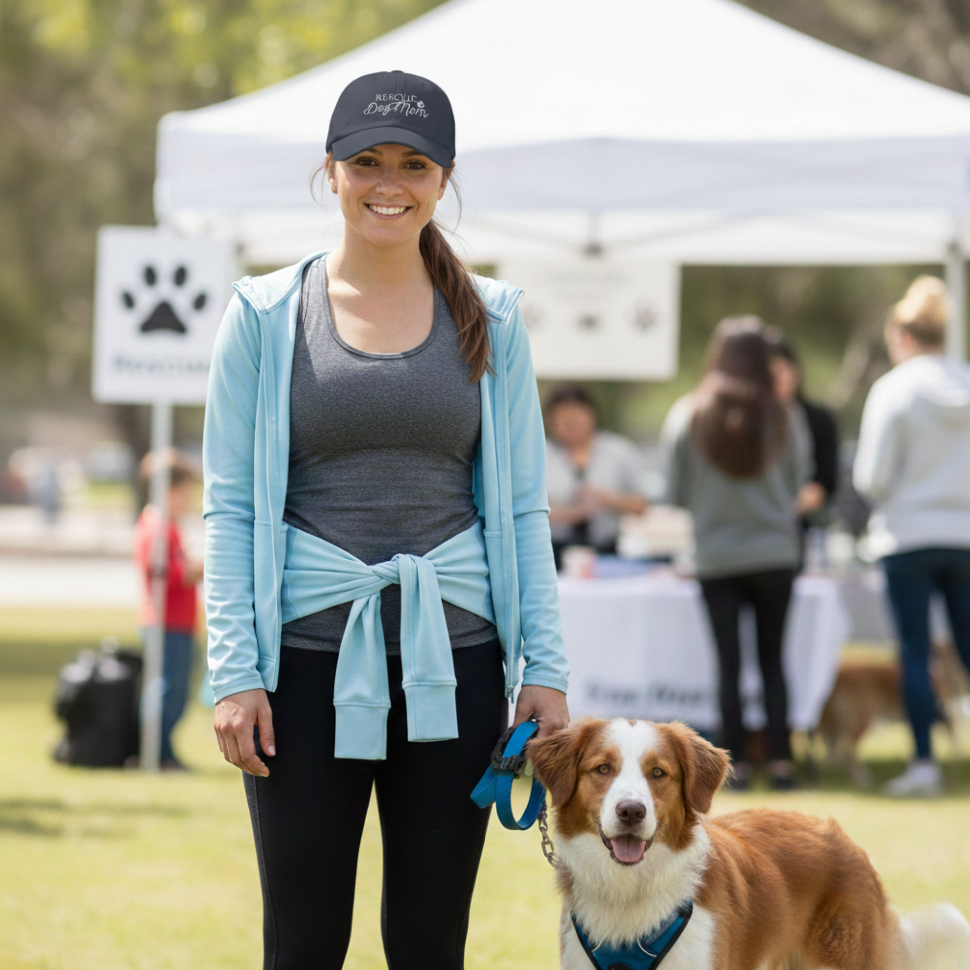Woman with a dog at an outdoor dog adoption event with a tent and people in the background