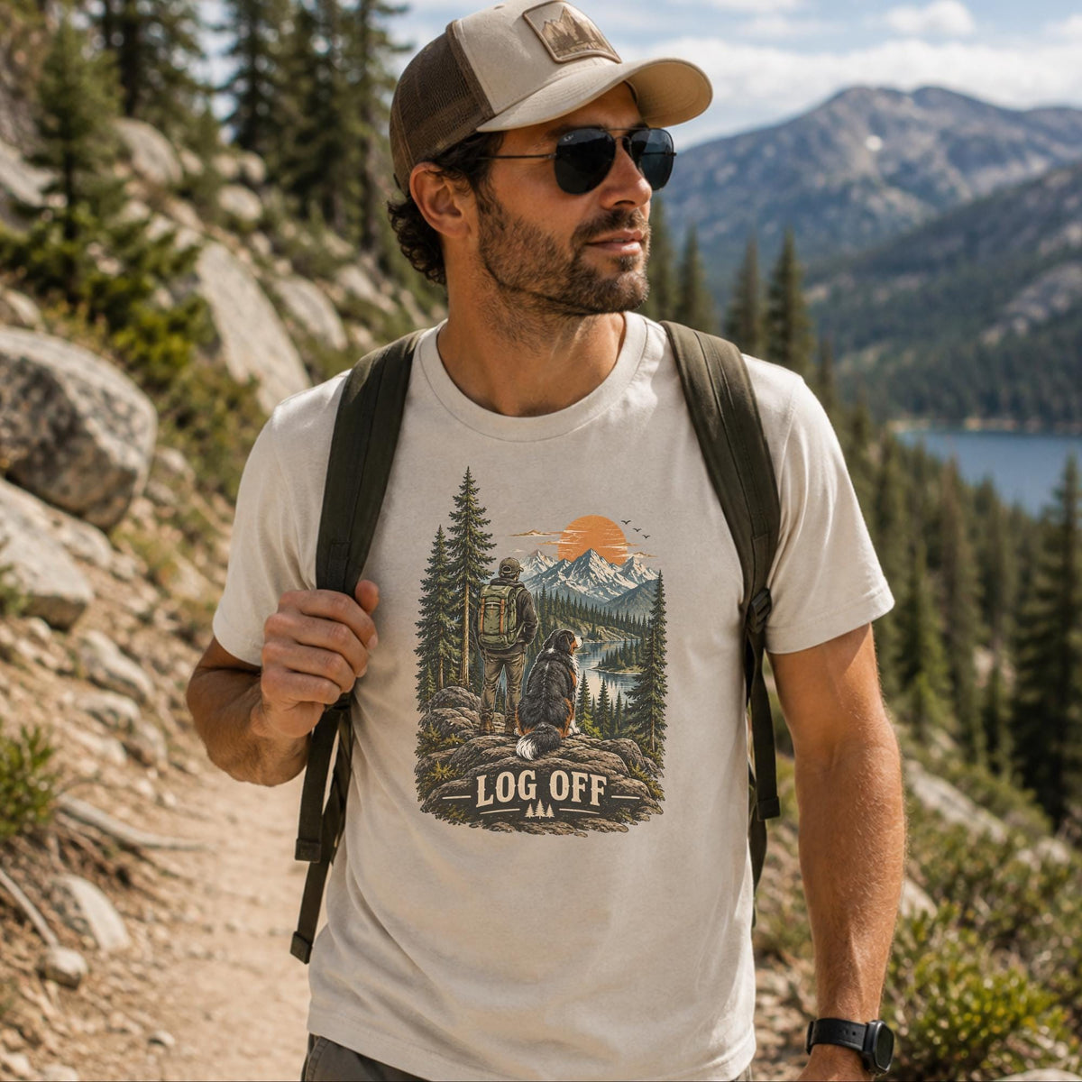 Bernese Mountain Dog Hiking Shirt Men Mountain Sunset Graphic Tee Dog Dad Outdoor Lover Nature Lake Camping Shirt