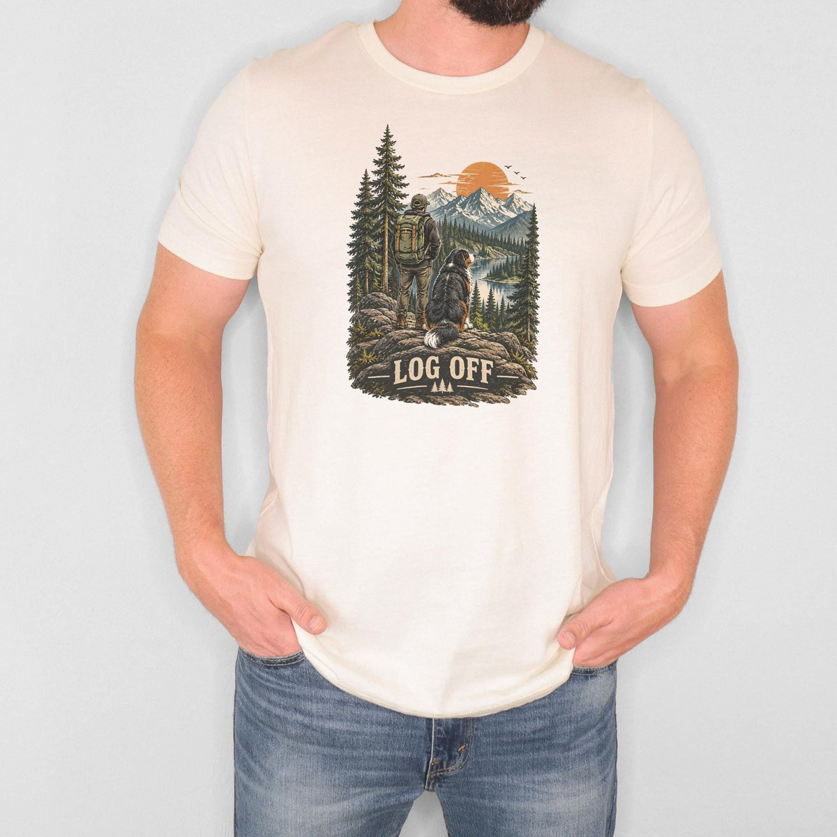 Bernese Mountain Dog Hiking Shirt Men Mountain Sunset Graphic Tee Dog Dad Outdoor Lover Nature Lake Camping Shirt