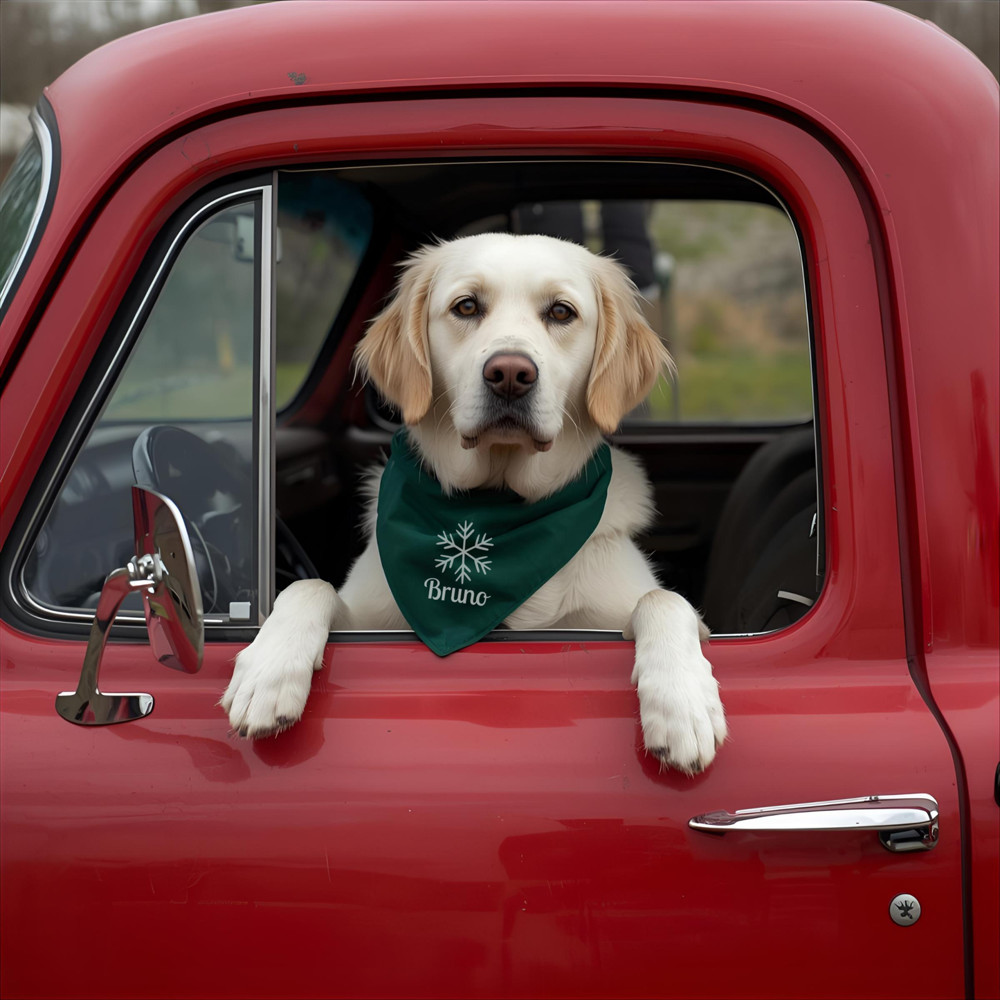 Dog with a green bandana looking out of a red vintage truck