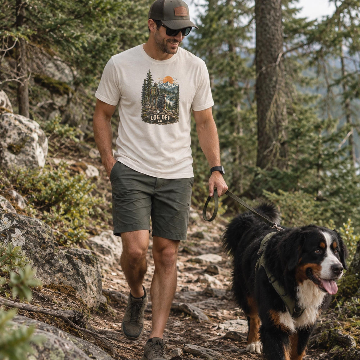 Bernese Mountain Dog Hiking Shirt Men Mountain Sunset Graphic Tee Dog Dad Outdoor Lover Nature Lake Camping Shirt