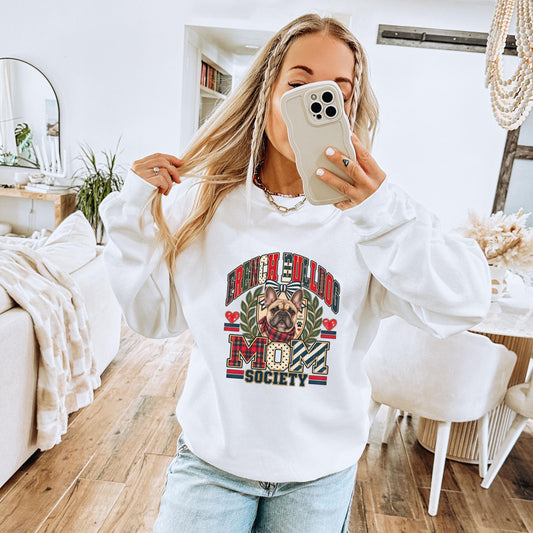 French Bulldog Mom Society Crewneck Sweatshirt Mismatched Plaid Preppy Coquette Bow Dog Mom Pullover Gift for Bulldog Owner