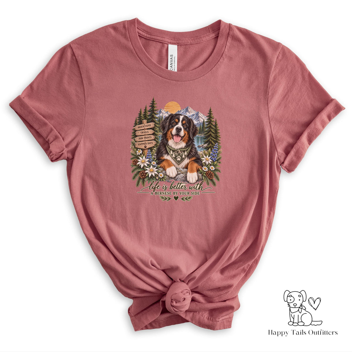 Bernese Mountain Dog T Shirt Hiking Wildflower Nature Trail Mountains Sunset Gift for Dog Mom Outdoor Adventure Tee