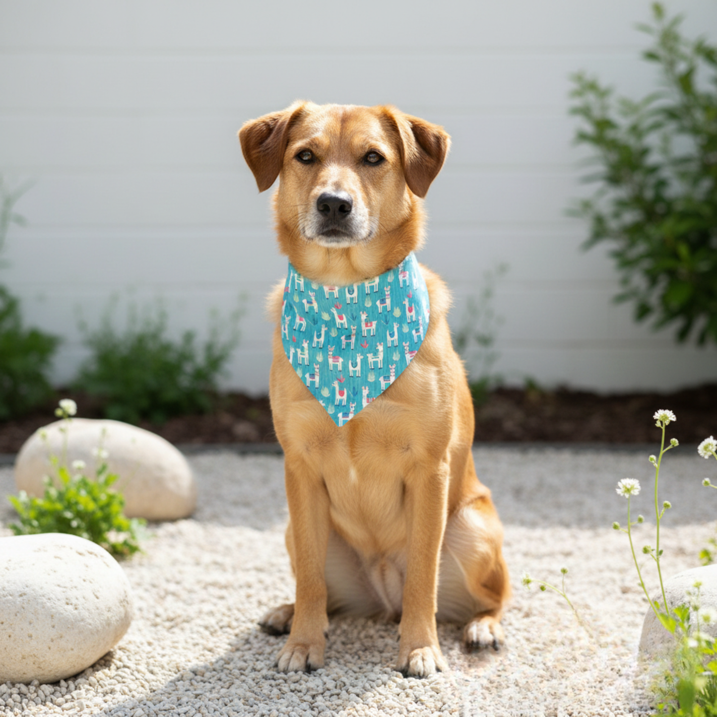 Dog wearing a blue llama bandana with a pattern, sitting outdoors on a pebbled surface.