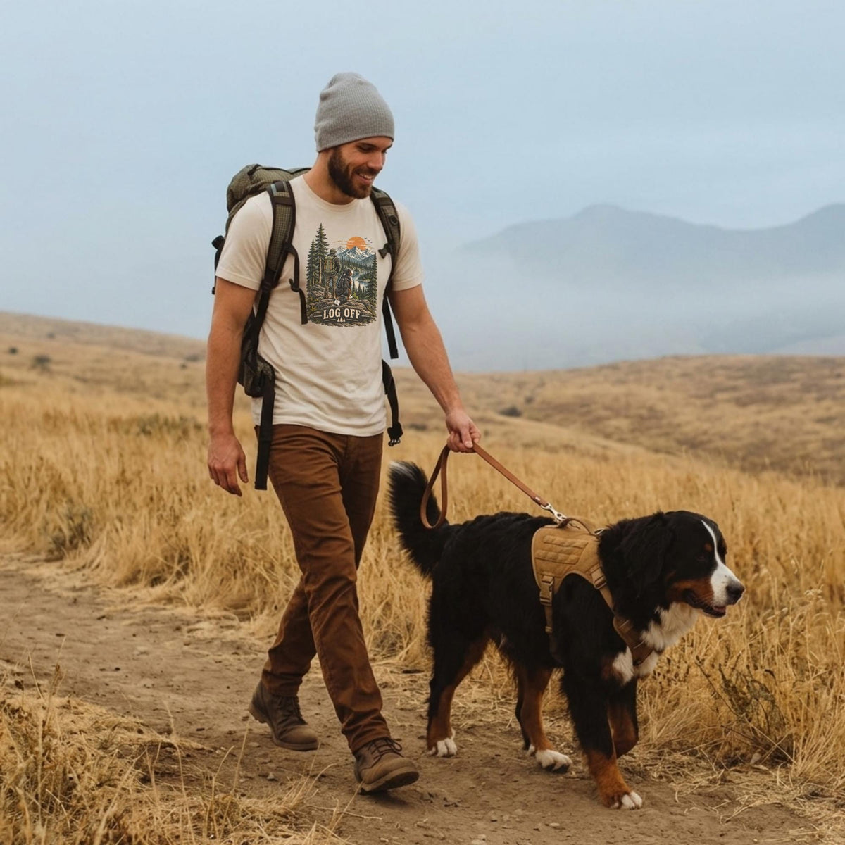 Bernese Mountain Dog Hiking Shirt Men Mountain Sunset Graphic Tee Dog Dad Outdoor Lover Nature Lake Camping Shirt