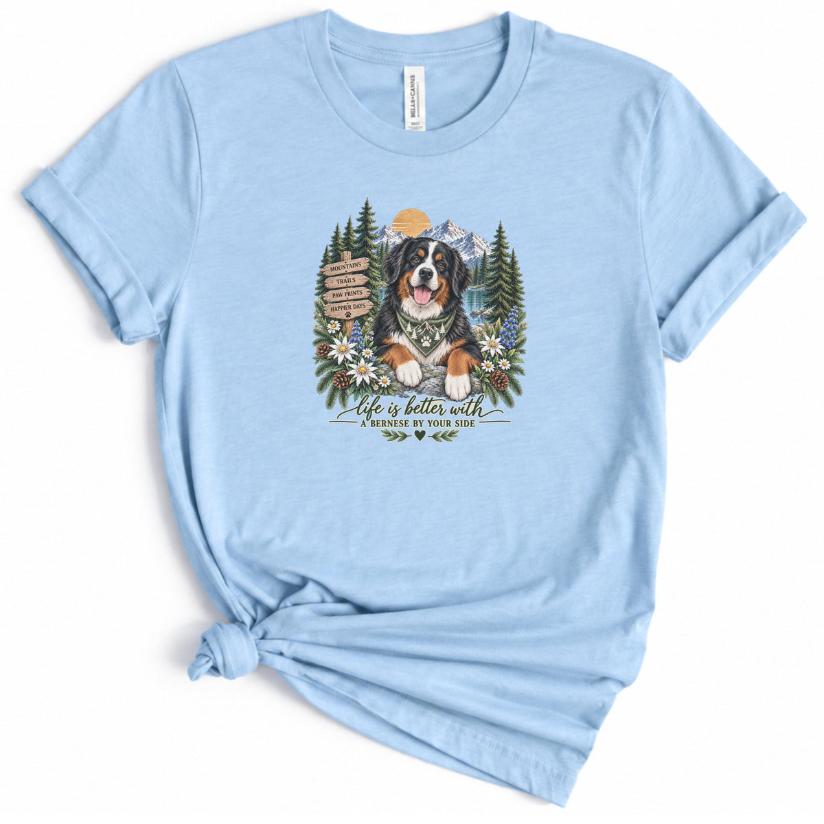 Bernese Mountain Dog T Shirt Hiking Wildflower Nature Trail Mountains Sunset Gift for Dog Mom Outdoor Adventure Tee