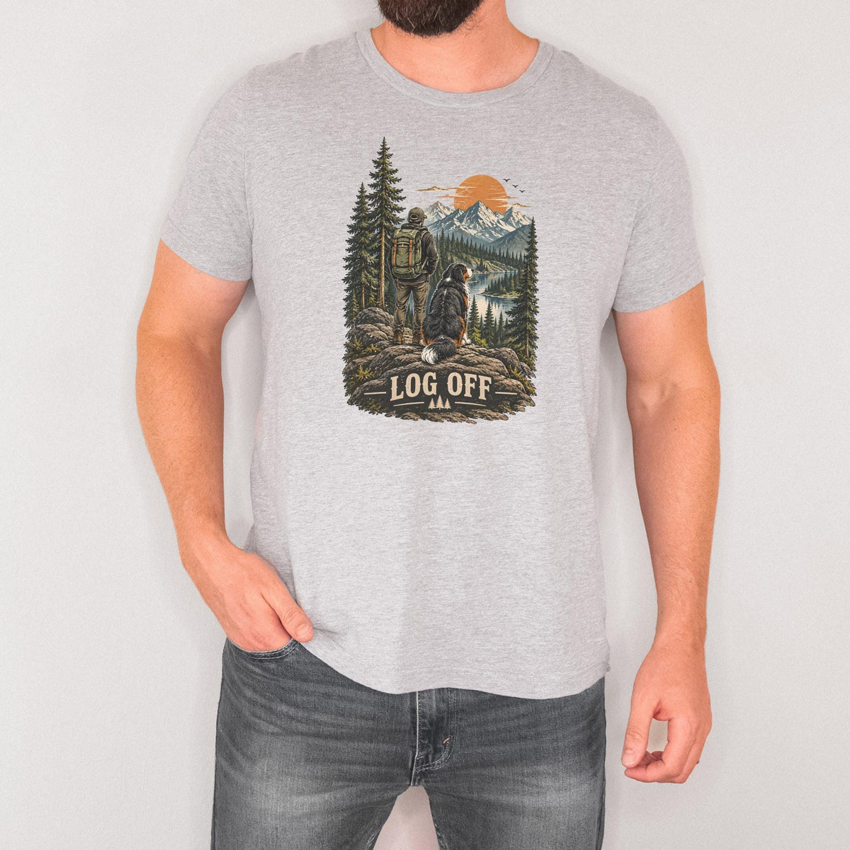 Bernese Mountain Dog Hiking Shirt Men Mountain Sunset Graphic Tee Dog Dad Outdoor Lover Nature Lake Camping Shirt