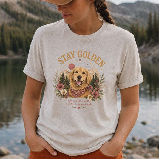 Stay Golden Golden Retriever Shirt Boho Dog Mom TShirt Floral Graphic Tee Nature Lover Gift Golden Retriever Mom Shirt Outdoor Adventure Tee