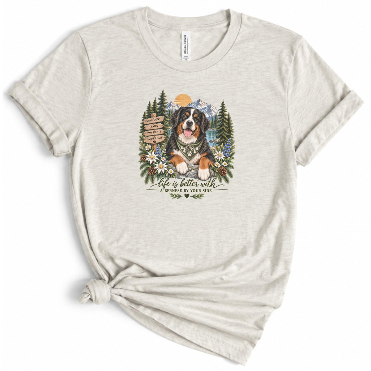 Bernese Mountain Dog T Shirt Hiking Wildflower Nature Trail Mountains Sunset Gift for Dog Mom Outdoor Adventure Tee