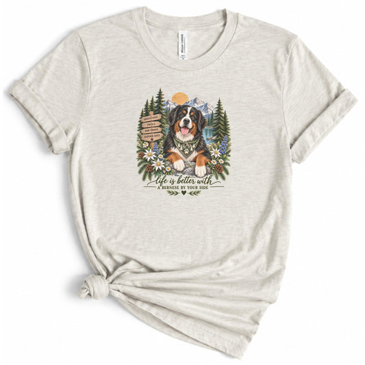 Bernese Mountain Dog T Shirt Hiking Wildflower Nature Trail Mountains Sunset Gift for Dog Mom Outdoor Adventure Tee