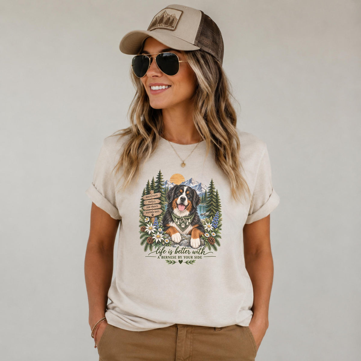 Bernese Mountain Dog T Shirt Hiking Wildflower Nature Trail Mountains Sunset Gift for Dog Mom Outdoor Adventure Tee