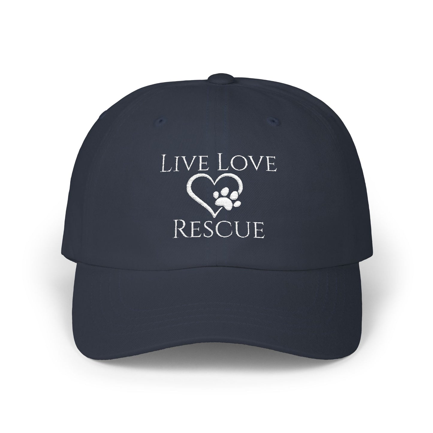 Navy blue cap with 'Live Love Rescue' text and heart paw design on a white background