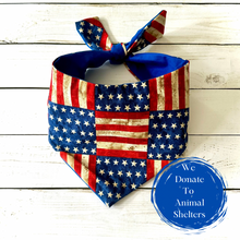 Load image into Gallery viewer, Patriotic USA Dog Bandana with American Flag Pet Scarf Red White and Blue Dog Accessory Stars and Stripes Puppy Bandana Holiday Pet Gift
