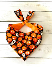 Load image into Gallery viewer, Pumpkin Ghost Halloween Custom Dog Bandana Spooky Pet Accessory Cute Fall Puppy Scarf Handmade Dog Costume Personalized New Puppy Pet Gift
