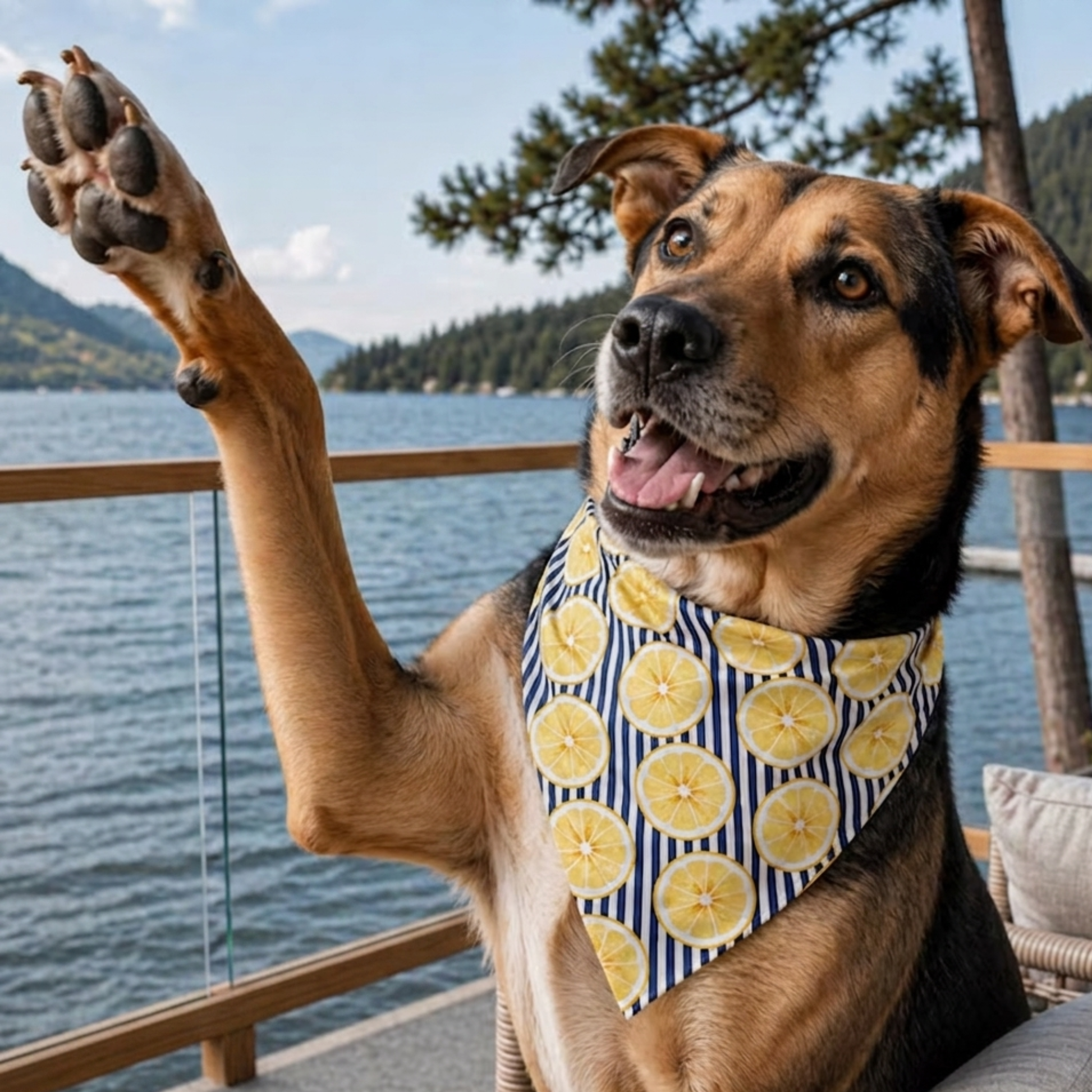 Dog with a Summer lemon bandana by a lake