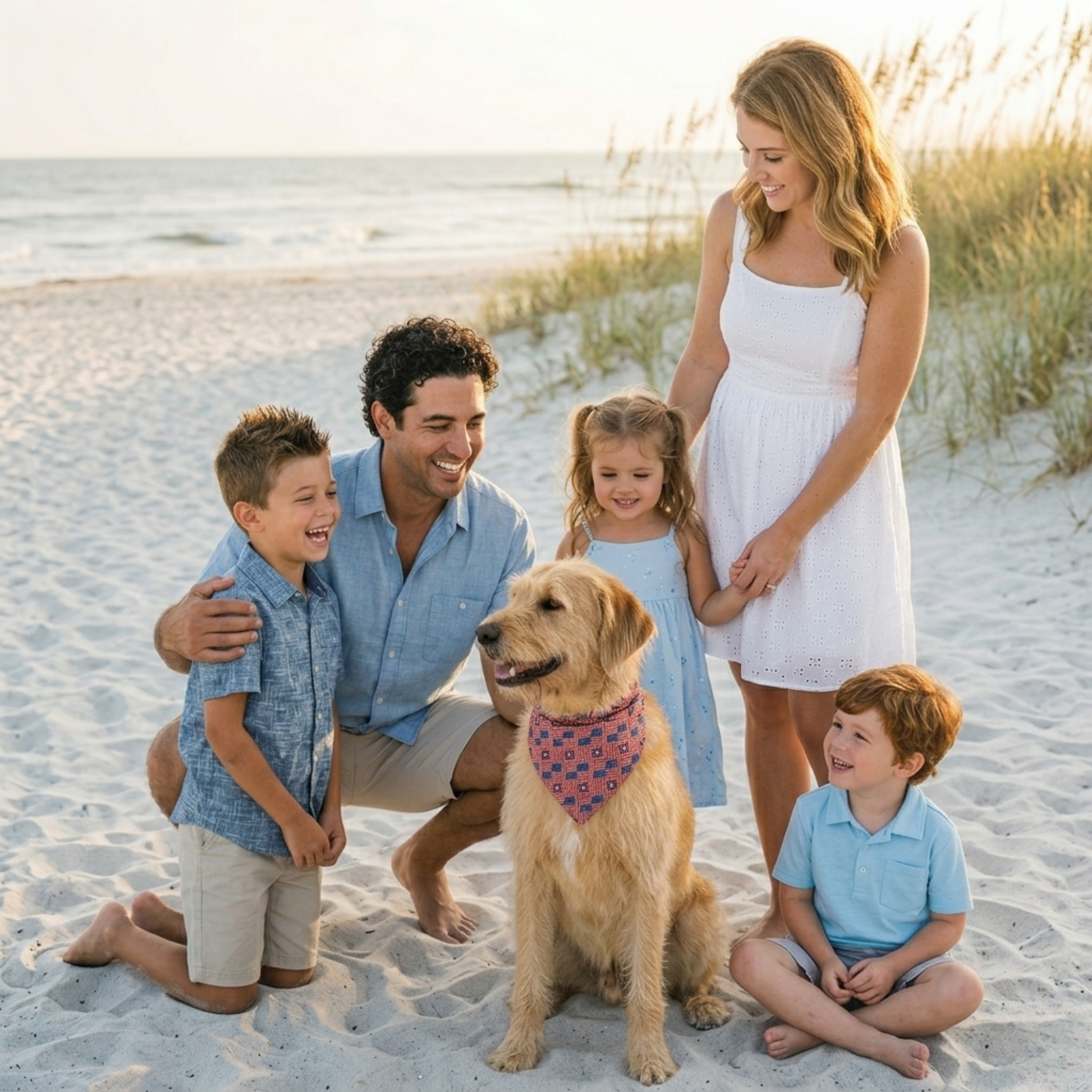 Family of five with a dog on a sandy beach