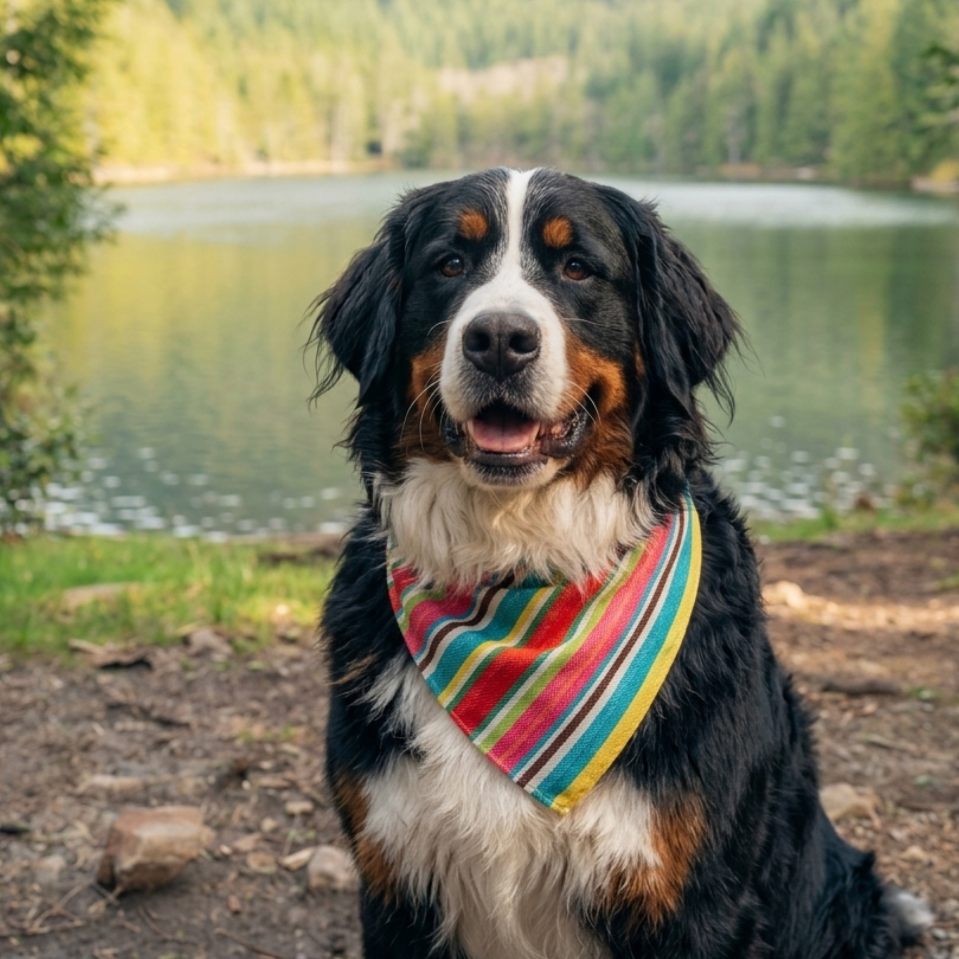 Bernese Mountain Dog with a colorful bandana sitting by a lake with trees in the background