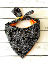 Load image into Gallery viewer, Halloween Dog Bandana Spider Web Design Spooky Pet Accessory Custom Black and White Dog Scarf Handmade Dog Costume Personalized Pet Gift
