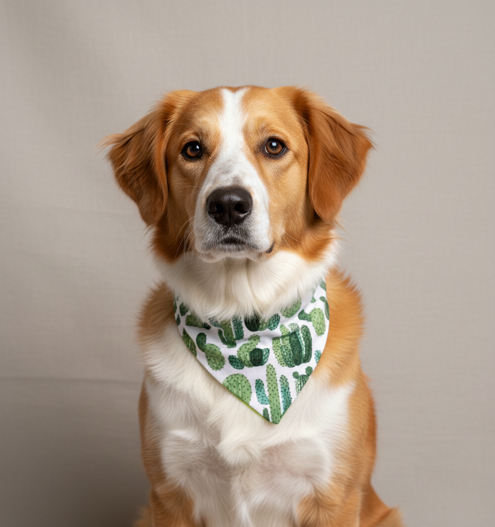 Dog wearing a green cactus patterned bandana on a plain background