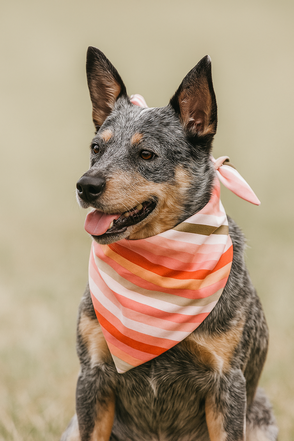 mixed breed dog wearing a striped bandana
