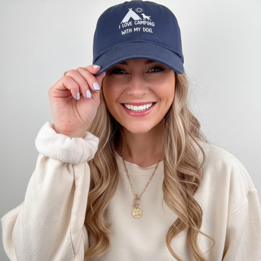 Camping  Embroidered Hat Dog Lover Graphic Baseball Cap Outdoor Travel Enthusiast Gift Pet Owner Accessory for Hiking Adventure Road Trip