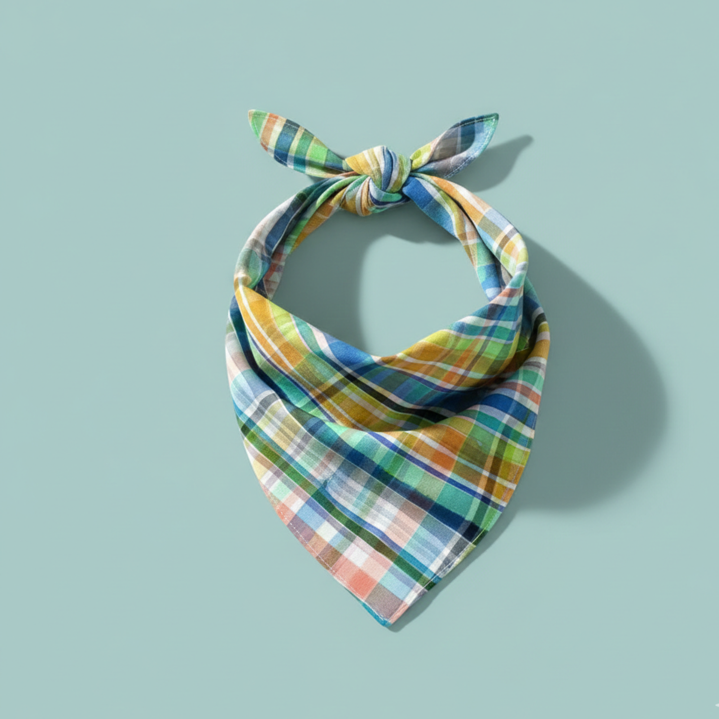Colorful plaid bandana on a light blue background