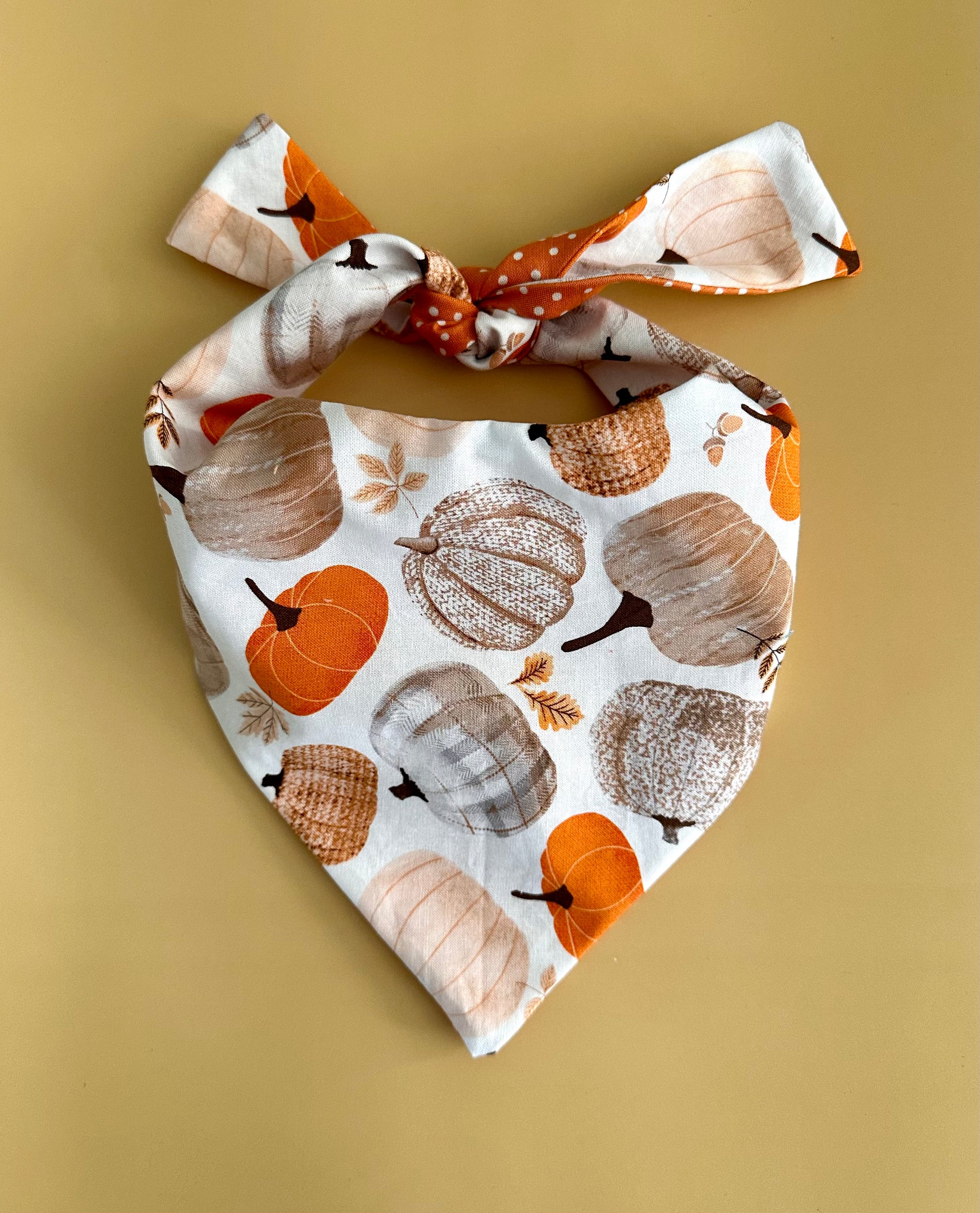 Dog bandana with autumnal pumpkin and leaf pattern on a beige background