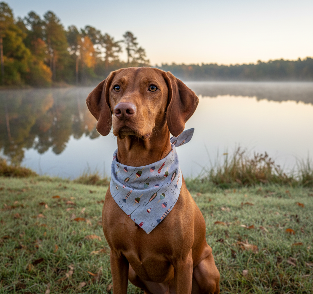 Vizsla dog wearing a bandana sitting by a lake with trees in the background