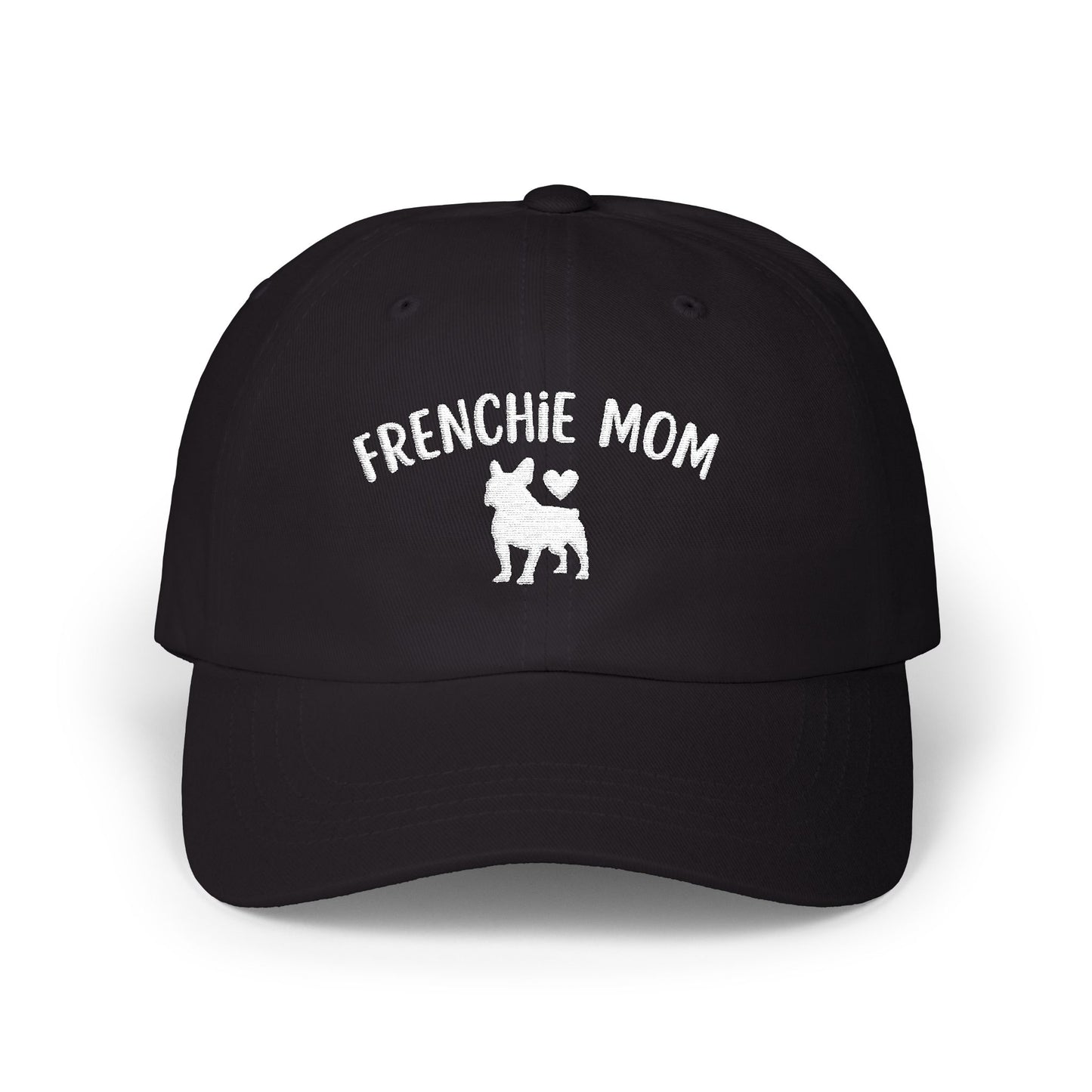 Black cap with 'FRENCHIE MOM' text and bulldog silhouette on a white background