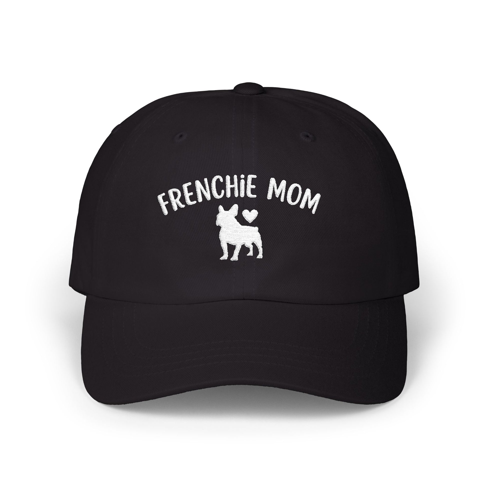 Black cap with 'FRENCHIE MOM' text and bulldog silhouette on a white background