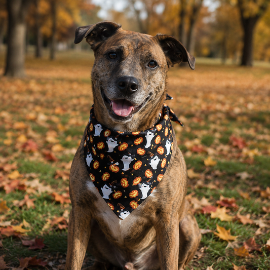 A brown and tan dog sitting outdoors in a park with fallen leaves, wearing a black bandana printed with white ghosts and orange pumpkins.