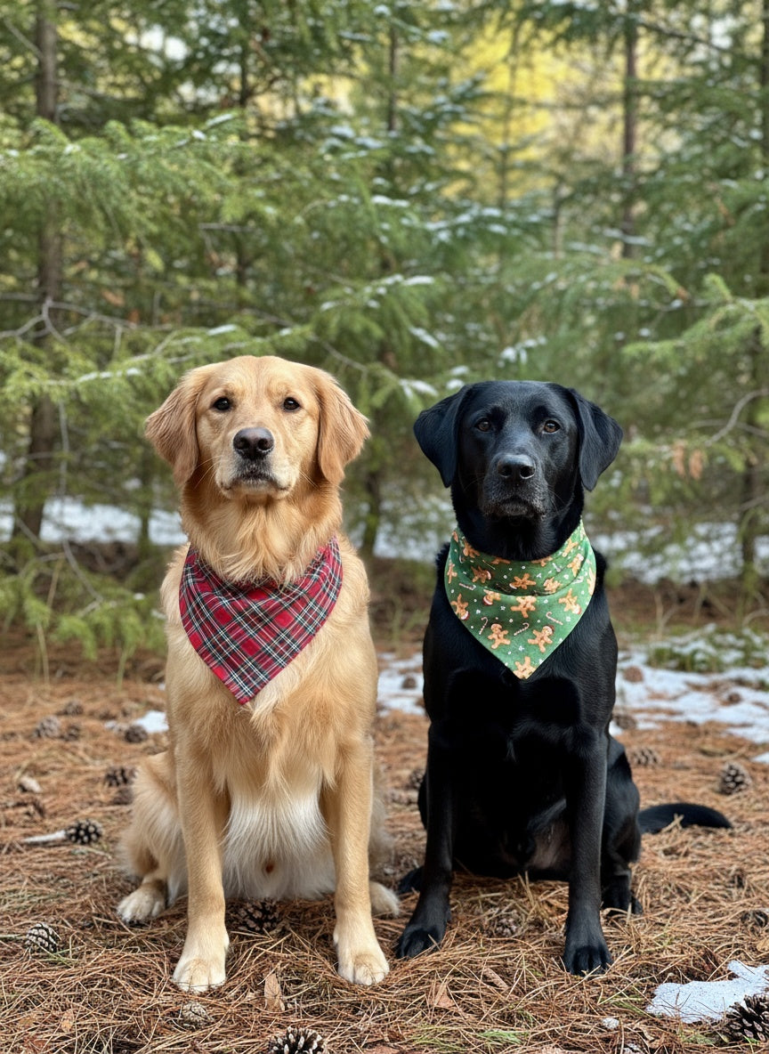 Two dogs, one golden and one black, sitting in a forest with snow on the ground.