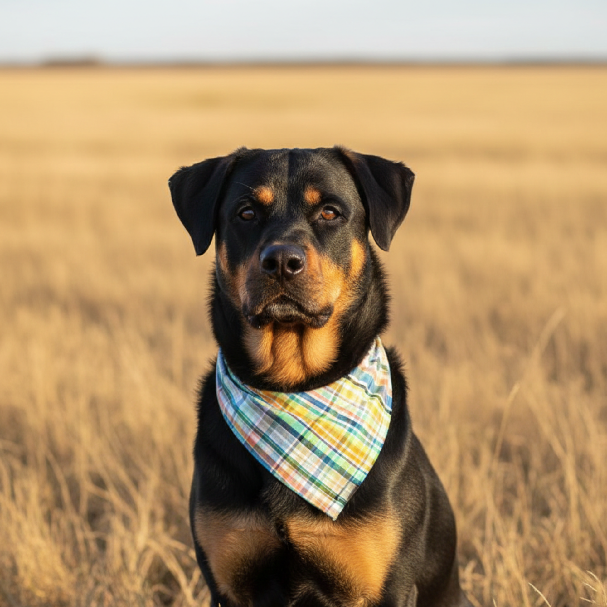 Dog wearing a plaid bandana in a field