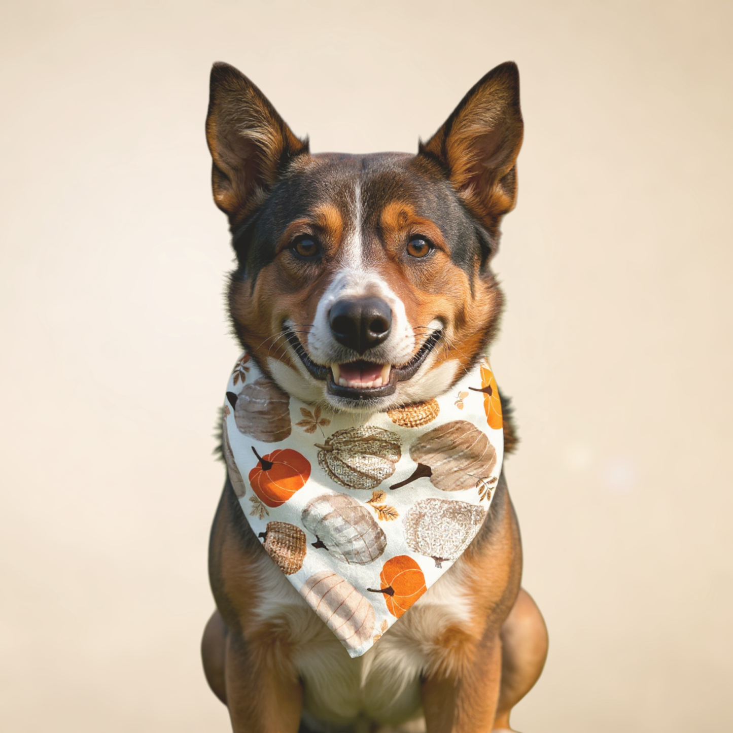 Dog wearing a bandana with autumn-themed design on a beige background