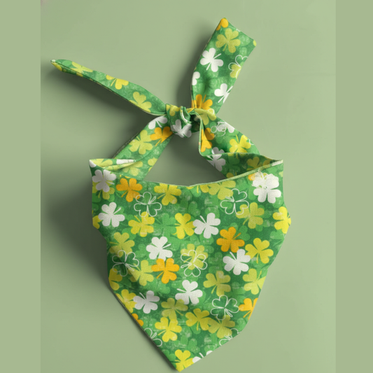 Green bandana with shamrock pattern on a green background
