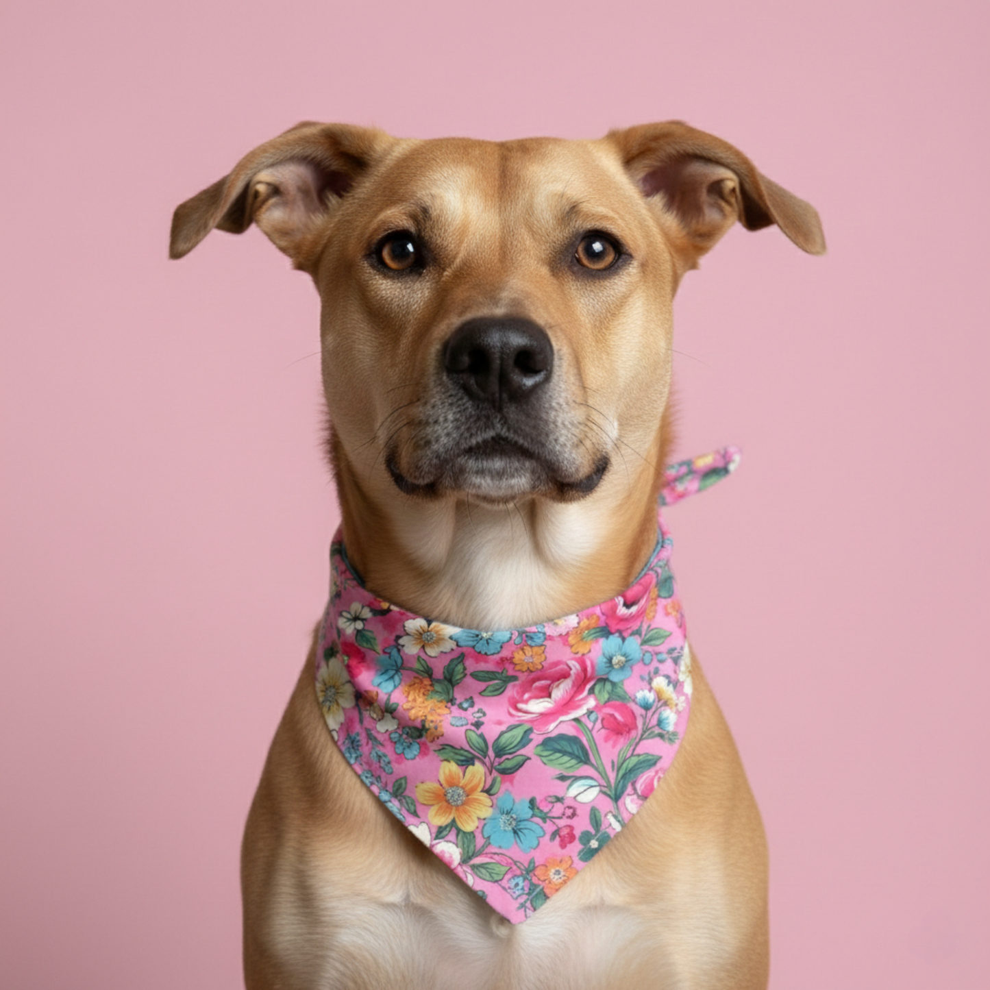 Dog wearing a floral bandana on a pink background
