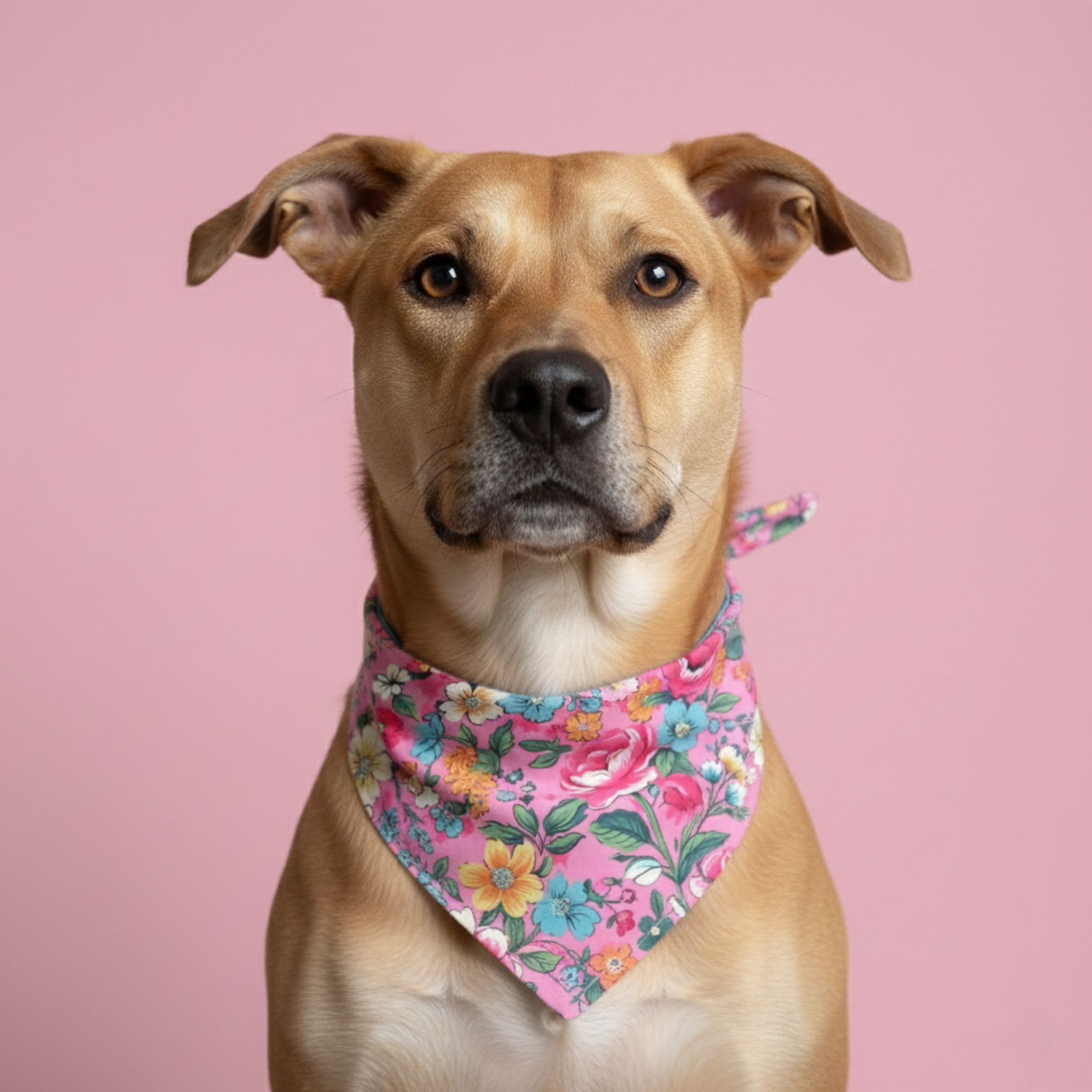 Dog wearing a floral bandana on a pink background