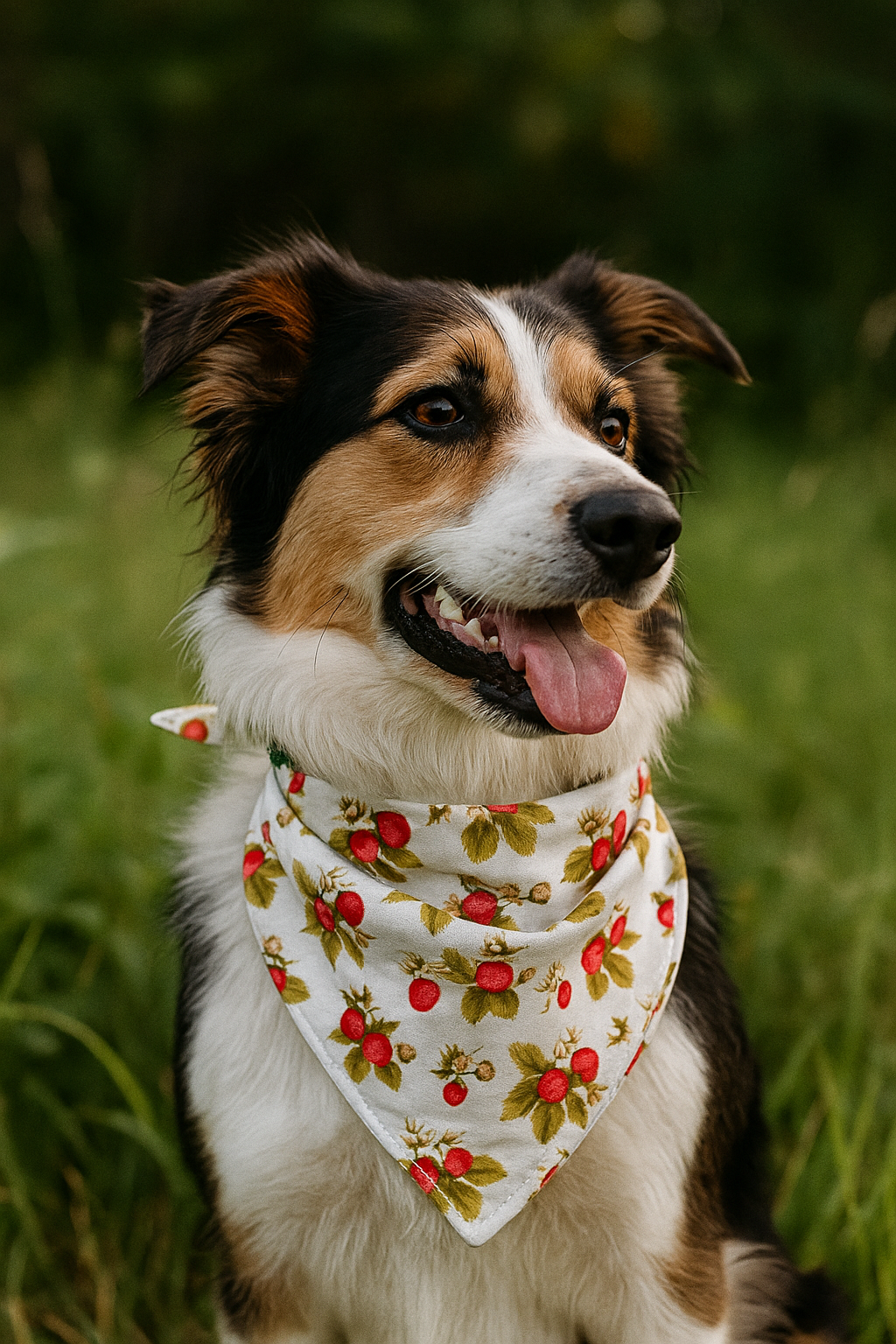 Mixed Breed Dog wearing a strawberry bandana