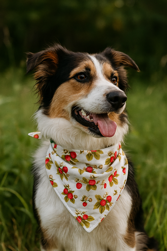 Mixed Breed Dog wearing a strawberry bandana