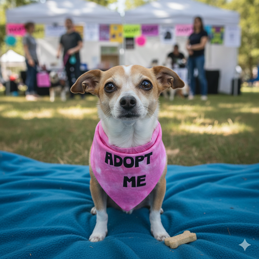 small mixed breed dog wearing a tie dye adopt me dog bandana at a rescue event