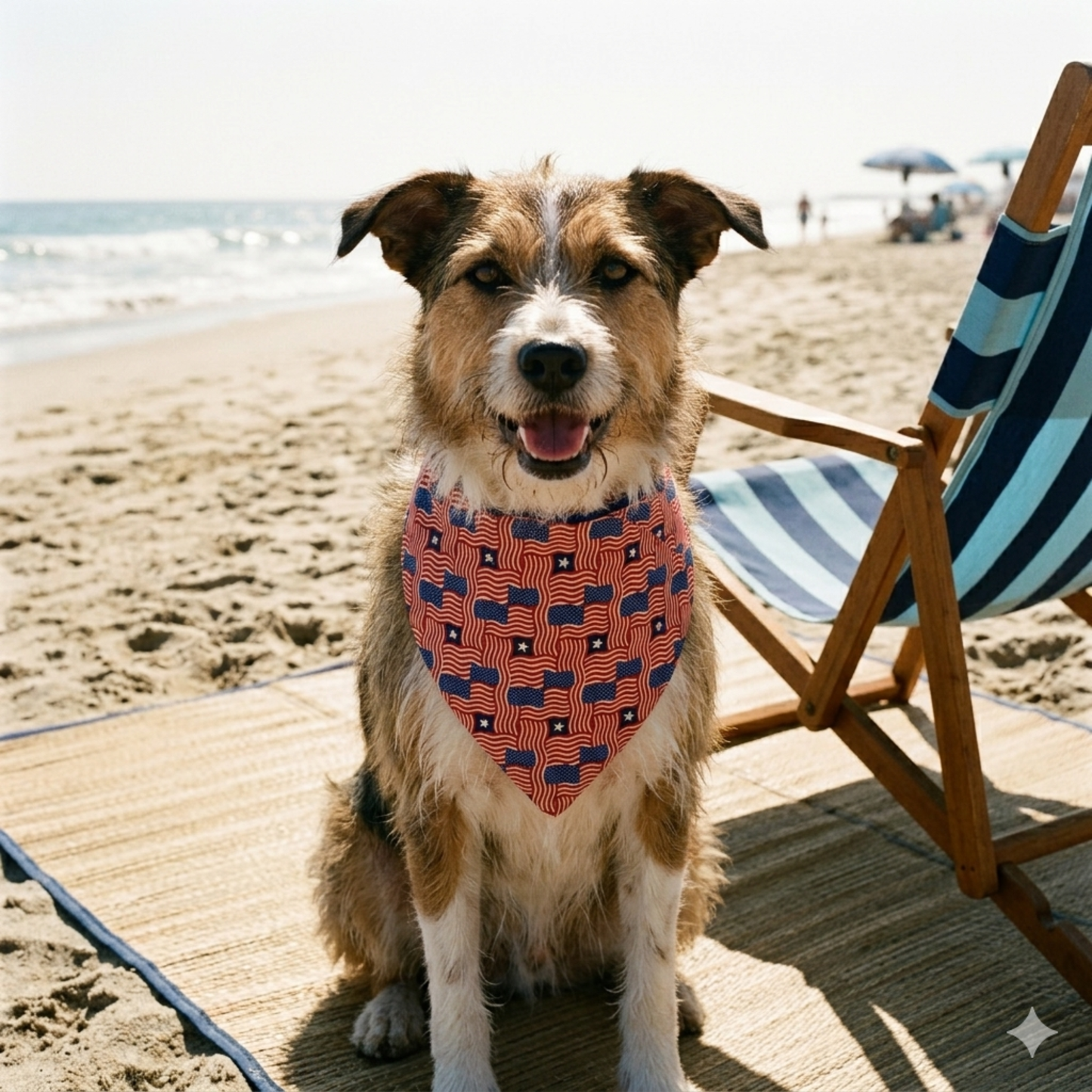 Dog wearing a bandana on a sandy beach with a striped chair and ocean view.