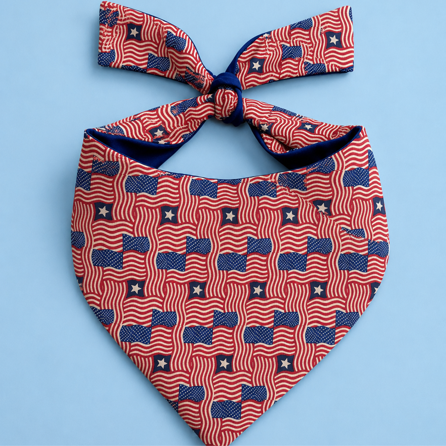 Red, white, and blue bandana with American flag pattern on a light blue background