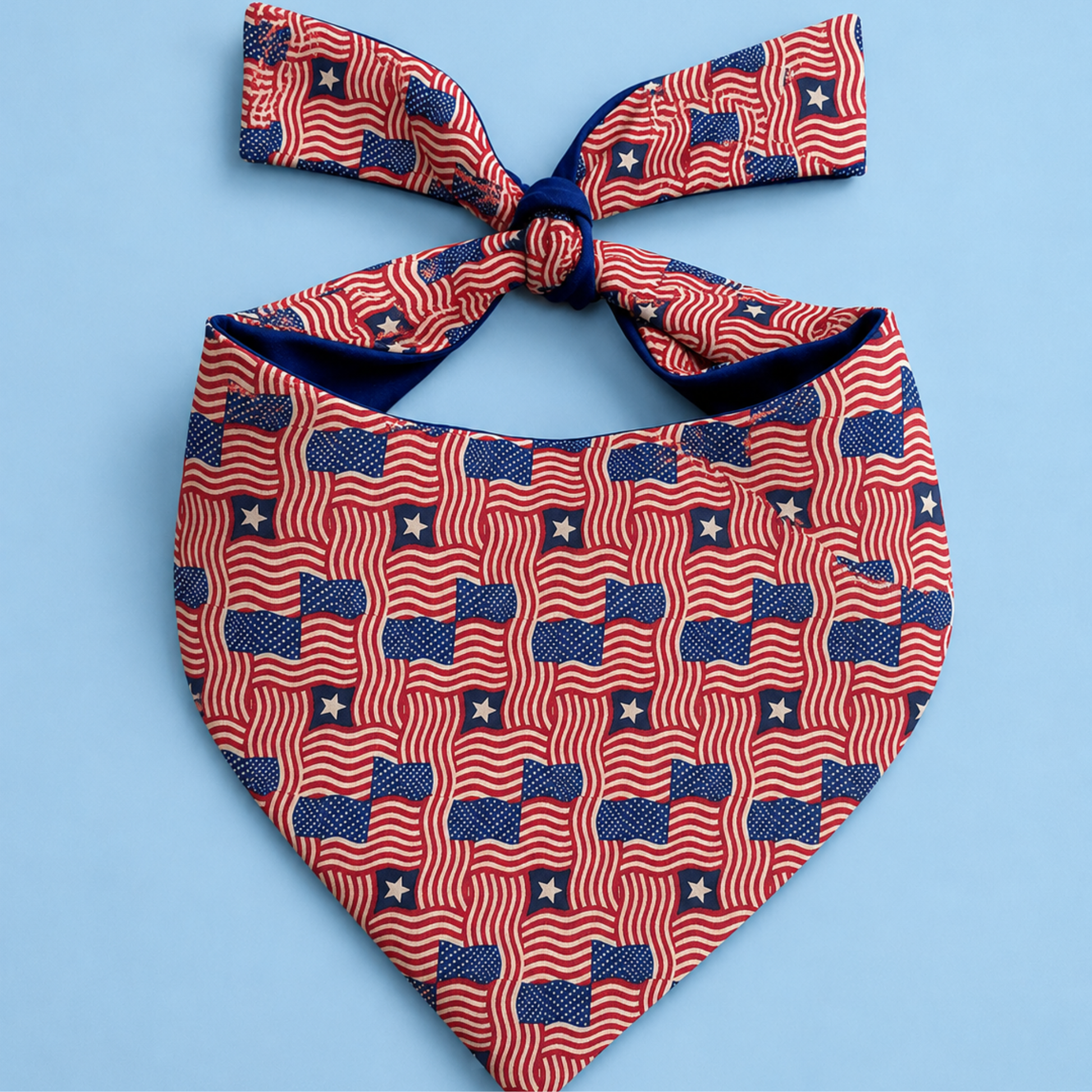 Red, white, and blue bandana with American flag pattern on a light blue background