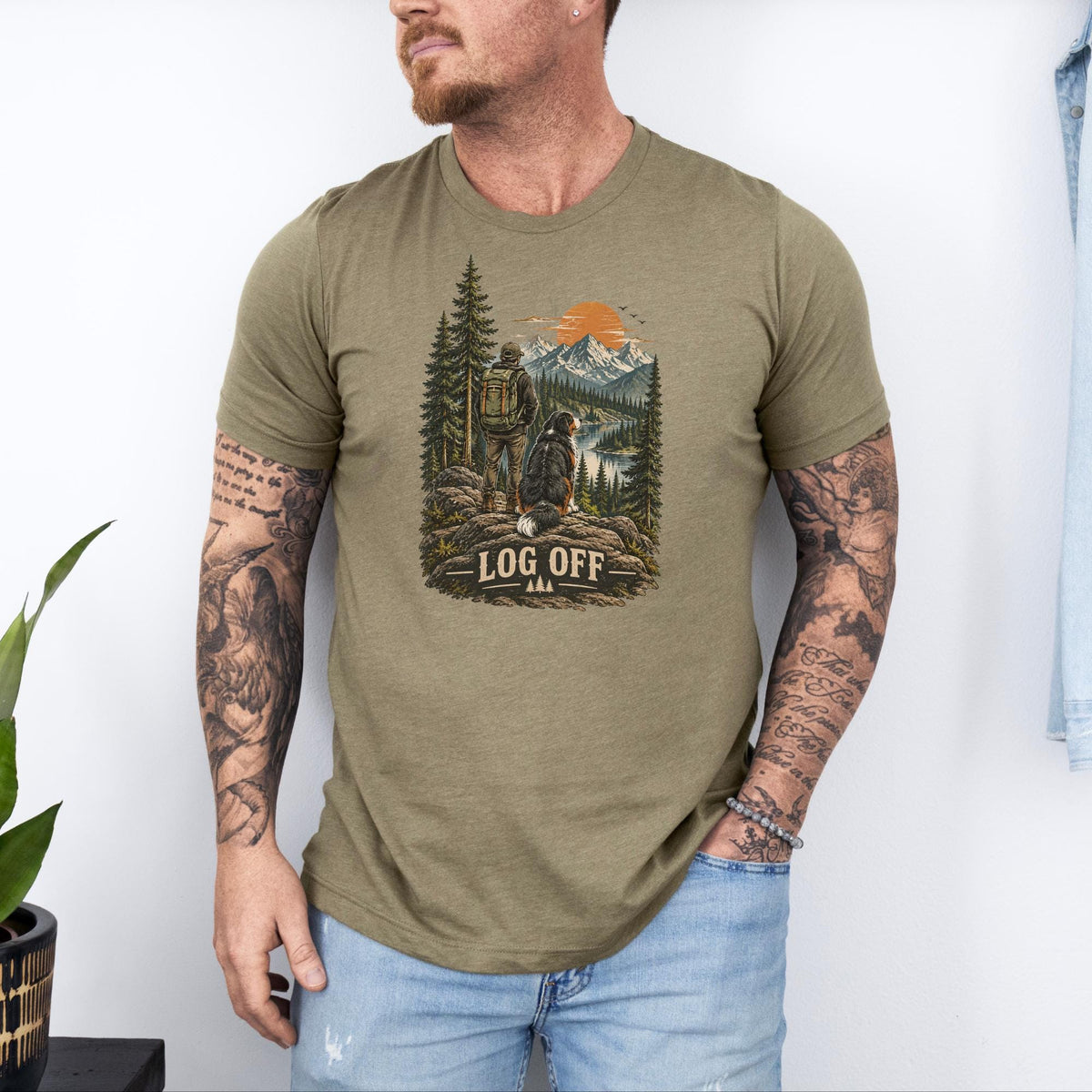 Bernese Mountain Dog Hiking Shirt Men Mountain Sunset Graphic Tee Dog Dad Outdoor Lover Nature Lake Camping Shirt